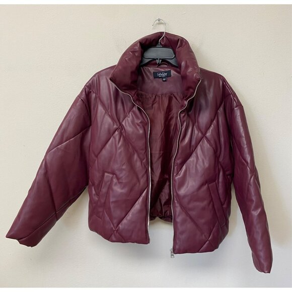 CoffeeShop Women's Juniors Maroon Collared Quilted Faux Leather Puffer Coat NWT - Picture 2 of 7